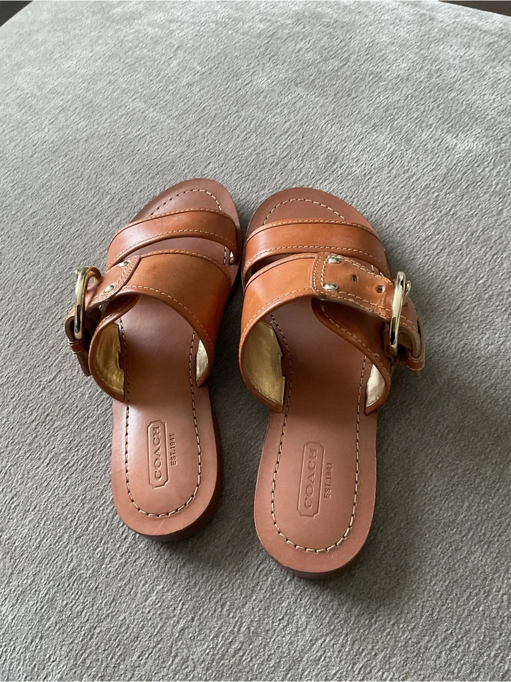 Coach Tan Leather Double-Strap Slide Sandals with Gold Buckle